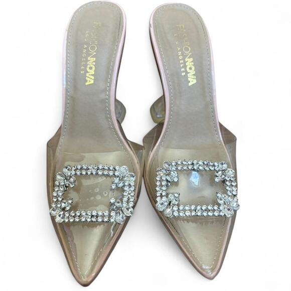 Fashion Nova Clear PVC Rhinestone Mule Heels Pink Lucite Flared Heel Size 6 - Picture 2 of 6